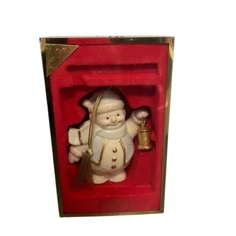 Lenox Ivory Fine China Snowman with Lantern Christmas Ornament Gold Trim Tassel